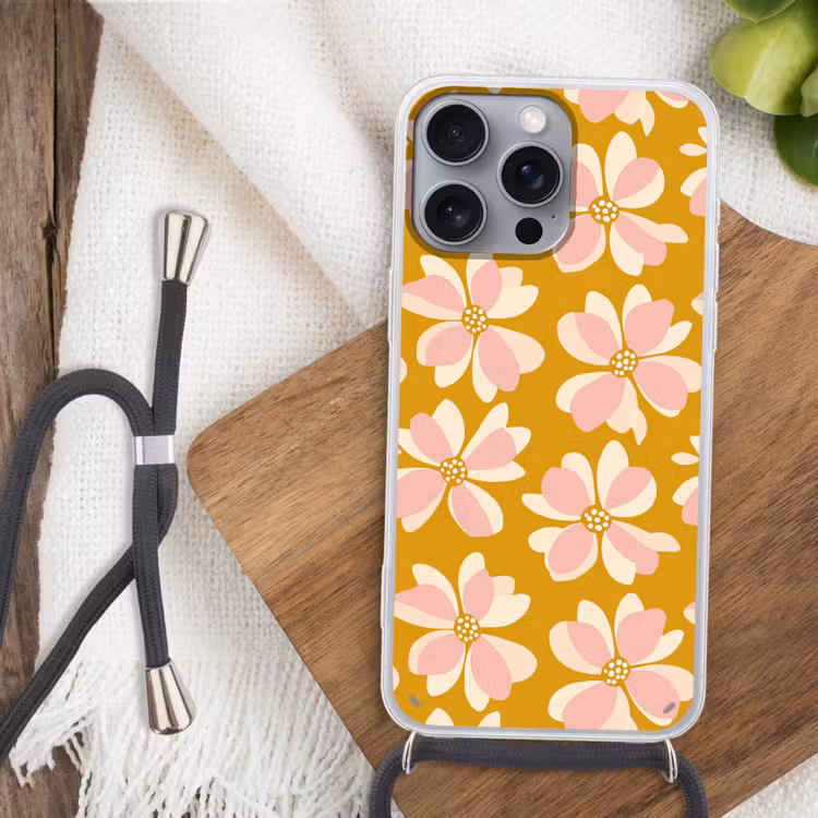 Vintage - Bloemen - Okergeel Hoesje iPhone 16 Pro Max met koord klein 804 -sfeer4
