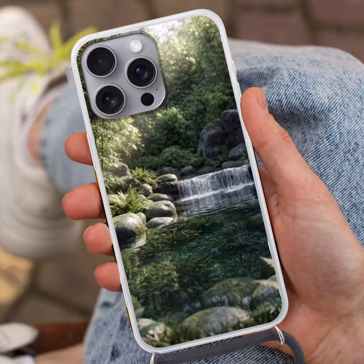 Beek - Waterval - Natuur - Groen Hoesje iPhone 16 Pro Max met koord klein -sfeer3