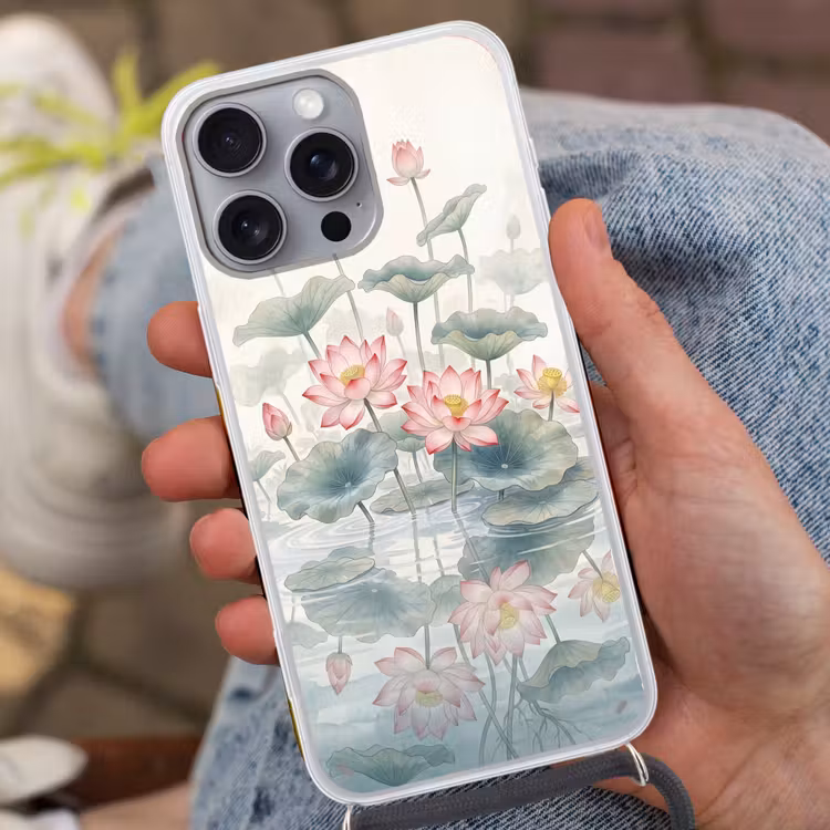 Aquarel - Lotusbloemen - Kleurrijk Hoesje iPhone 16 Pro Max met koord klein -sfeer3
