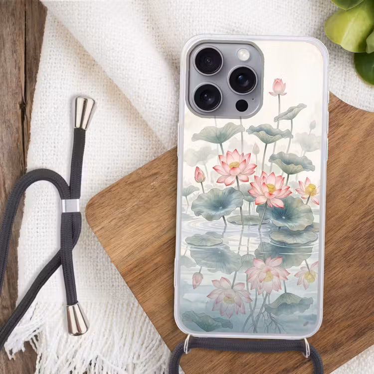 Aquarel - Lotusbloemen - Kleurrijk Hoesje iPhone 16 Pro Max met koord klein -sfeer4