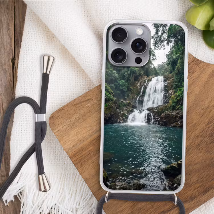 Waterfall - Forest - Nature - Greenkhgyguyg Hoesje iPhone 16 Pro Max met koord klein -sfeer4