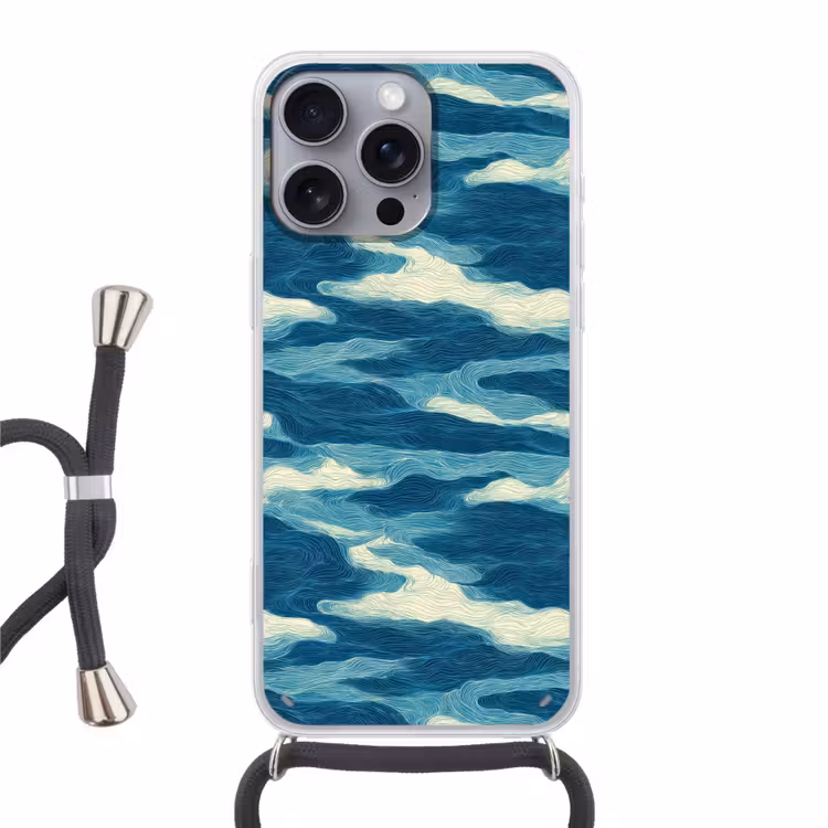 Golven - Abstract - Patroon - Blauw - Wit Hoesje iPhone 16 Pro Max met koord klein 804 -3d