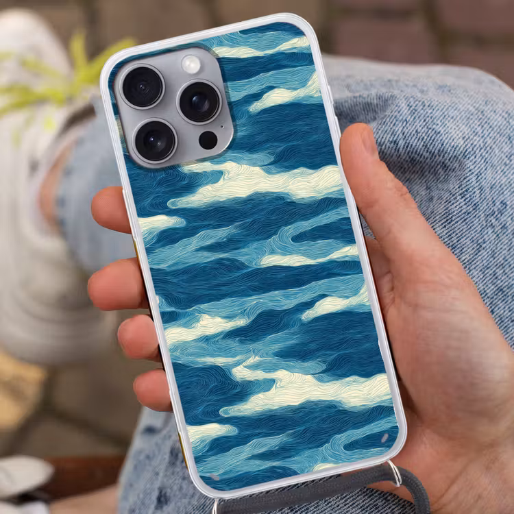 Golven - Abstract - Patroon - Blauw - Wit Hoesje iPhone 16 Pro Max met koord klein 804 -sfeer3