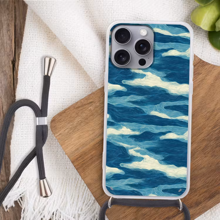 Golven - Abstract - Patroon - Blauw - Wit Hoesje iPhone 16 Pro Max met koord klein 804 -sfeer4