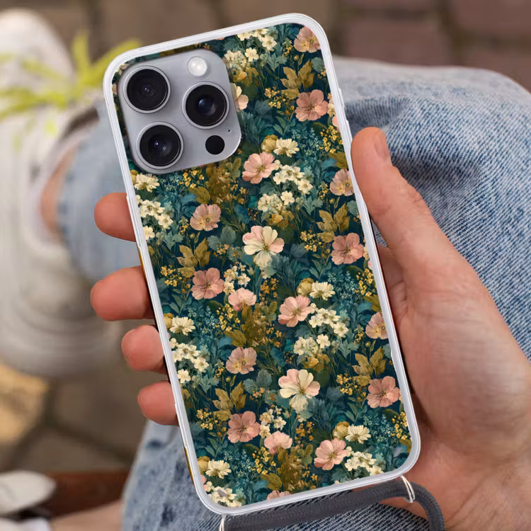 Wilde bloemen - Botanisch - Patroon - Roze - Romantisch Hoesje iPhone 16 Pro Max met koord klein 804 -sfeer3