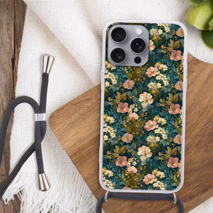 Wilde bloemen - Botanisch - Patroon - Roze - Romantisch Hoesje iPhone 16 Pro Max met koord klein 804 -sfeer4