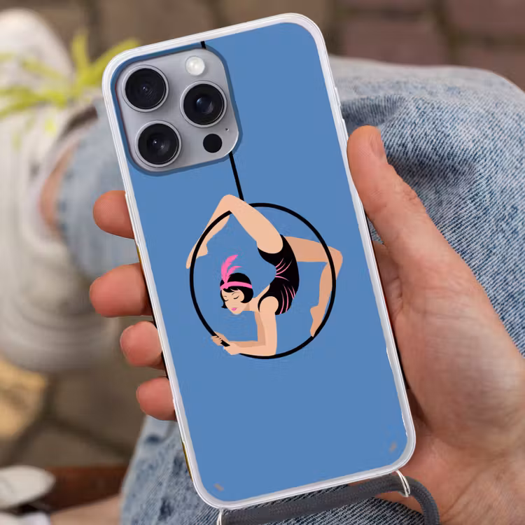 Vrouw - Aerial hoop - Art deco - Illustratie - Blauw Hoesje iPhone 16 Pro Max met koord klein -sfeer3