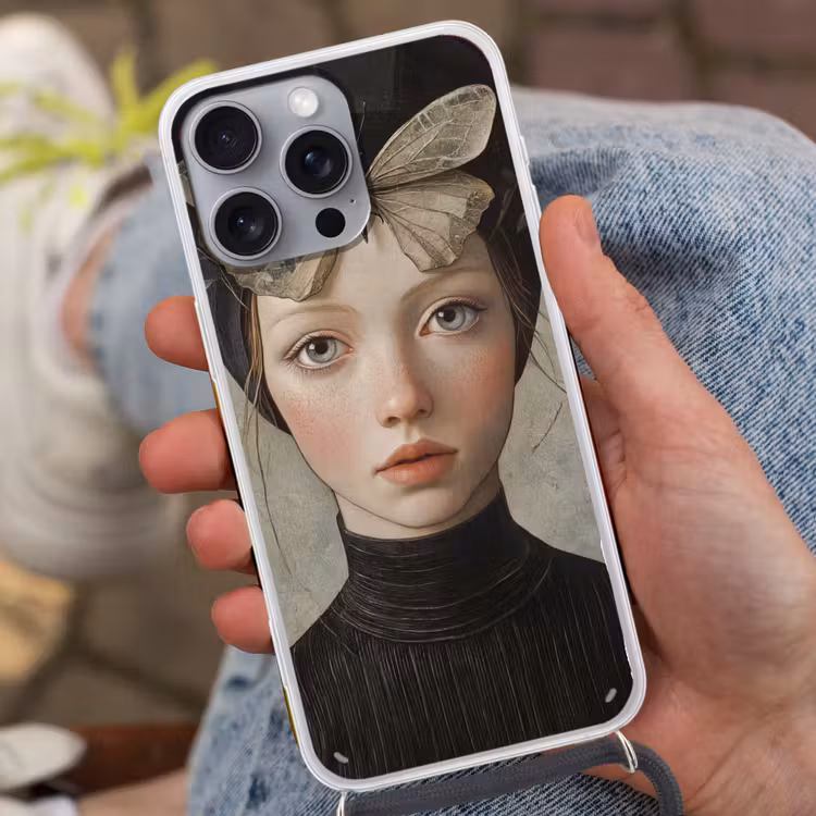 Woman - Butterfly - Art - Classic - Muted Hoesje iPhone 16 Pro Max met koord klein -sfeer3