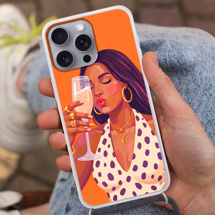Vrouw - Champagne - Feest - Modern - Oranje Hoesje iPhone 16 Pro Max met koord klein -sfeer3