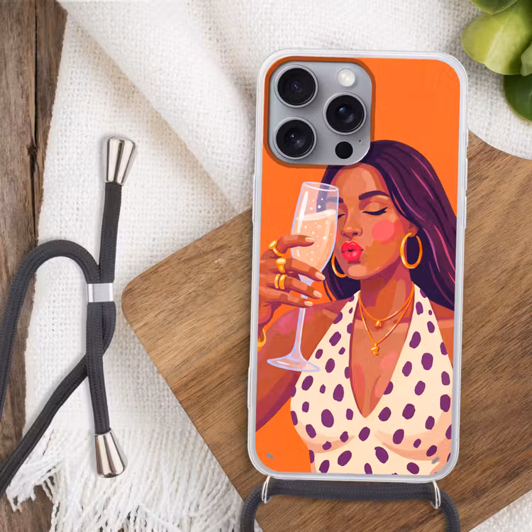 Vrouw - Champagne - Feest - Modern - Oranje Hoesje iPhone 16 Pro Max met koord klein -sfeer4