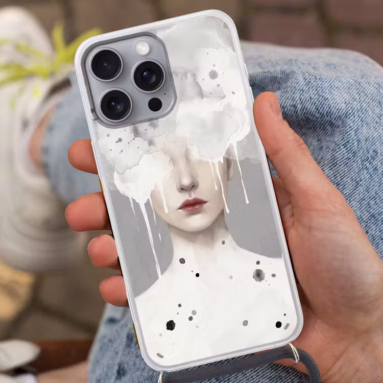 Vrouw - Wolk - Grijs Hoesje iPhone 16 Pro Max met koord klein -sfeer3