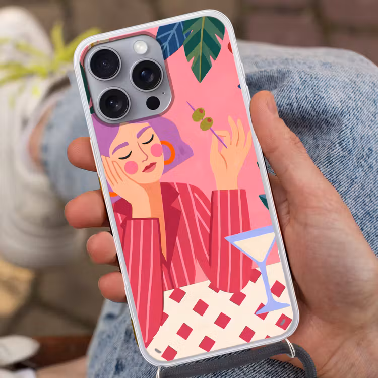 Vrouw - Cocktail - Bloemen - Modern - Roze Hoesje iPhone 16 Pro Max met koord klein -sfeer3