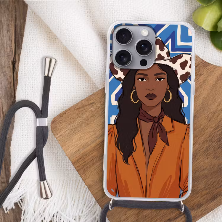 Vrouw - Cowboyhoed - Portret - Modern - Blauw Hoesje iPhone 16 Pro Max met koord klein -sfeer4