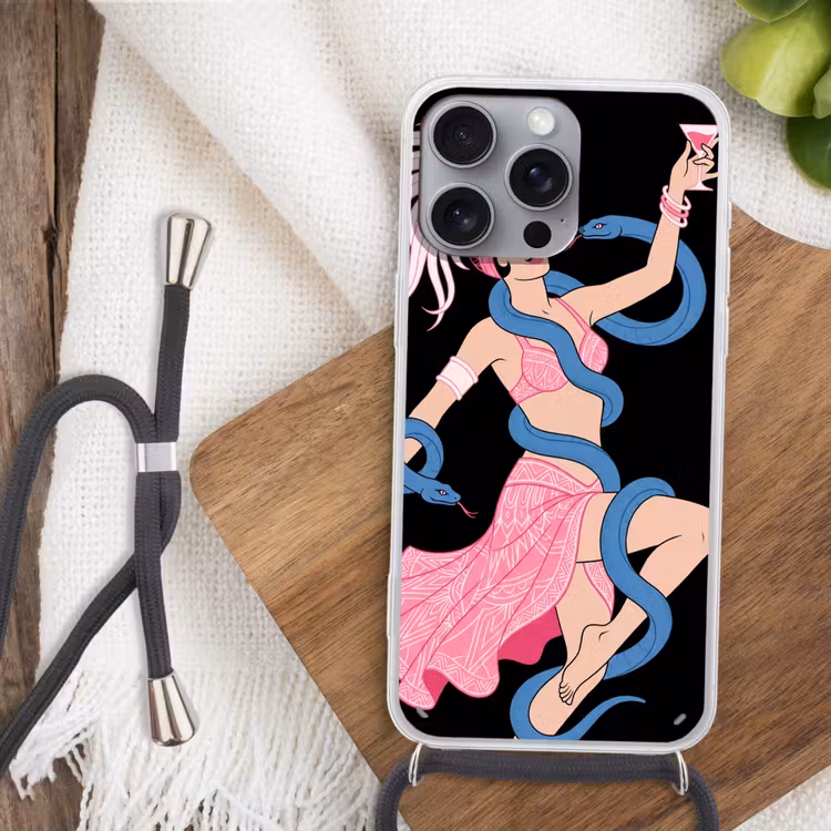 Vrouw - Danseres - Slangen - Art Deco - Roze Hoesje iPhone 16 Pro Max met koord klein -sfeer4