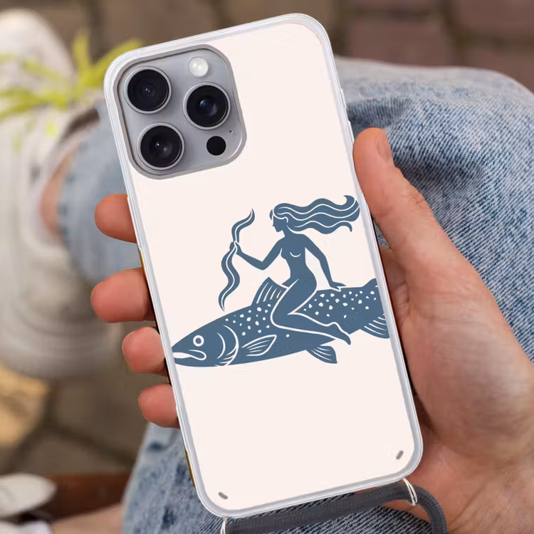Vrouw - Vis - Fantasie - Abstract - Blauw Hoesje iPhone 16 Pro Max met koord klein -sfeer3