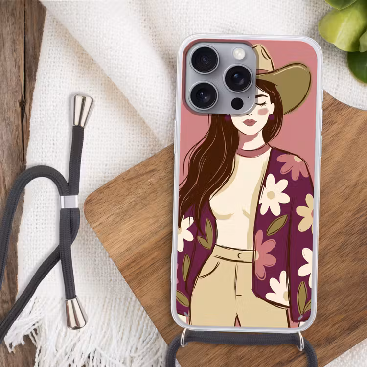 Vrouw - Hoed - Portret - Illustratie - Roze Hoesje iPhone 16 Pro Max met koord klein -sfeer4