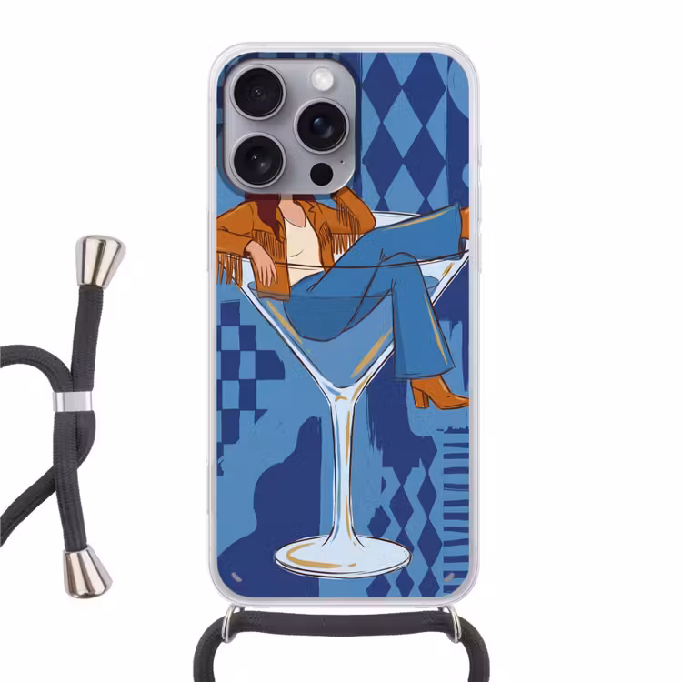Vrouw - Martini glas - Abstract - Blauw - Kunst Hoesje iPhone 16 Pro Max met koord klein -3d