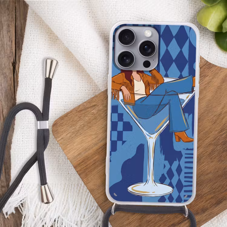 Vrouw - Martini glas - Abstract - Blauw - Kunst Hoesje iPhone 16 Pro Max met koord klein -sfeer4