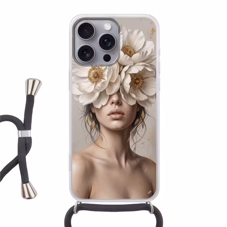 Vrouw - Pioenroos - Wit Hoesje iPhone 16 Pro Max met koord klein -3d
