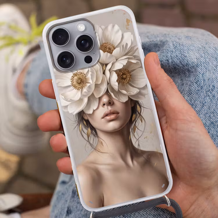 Vrouw - Pioenroos - Wit Hoesje iPhone 16 Pro Max met koord klein -sfeer3