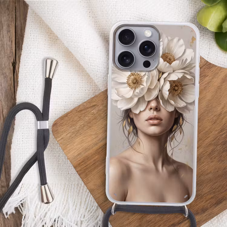 Vrouw - Pioenroos - Wit Hoesje iPhone 16 Pro Max met koord klein -sfeer4