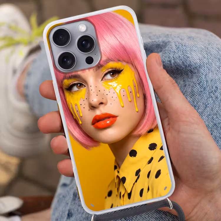 Vrouw - Portret - Abstract - Kleurrijk - Geel Hoesje iPhone 16 Pro Max met koord klein -sfeer3
