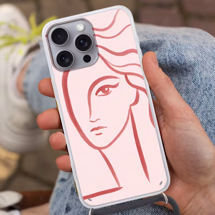 Vrouw - Portret - Abstract - Lijnkunst - Rood Hoesje iPhone 16 Pro Max met koord klein -sfeer3