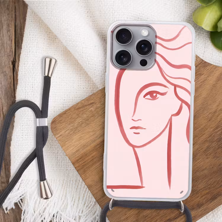 Vrouw - Portret - Abstract - Lijnkunst - Rood Hoesje iPhone 16 Pro Max met koord klein -sfeer4