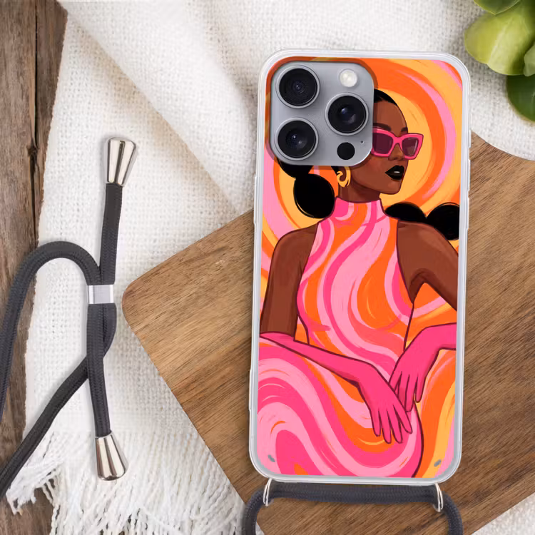 Vrouw - Portret - Kunst - Abstract - Roze Hoesje iPhone 16 Pro Max met koord klein -sfeer4