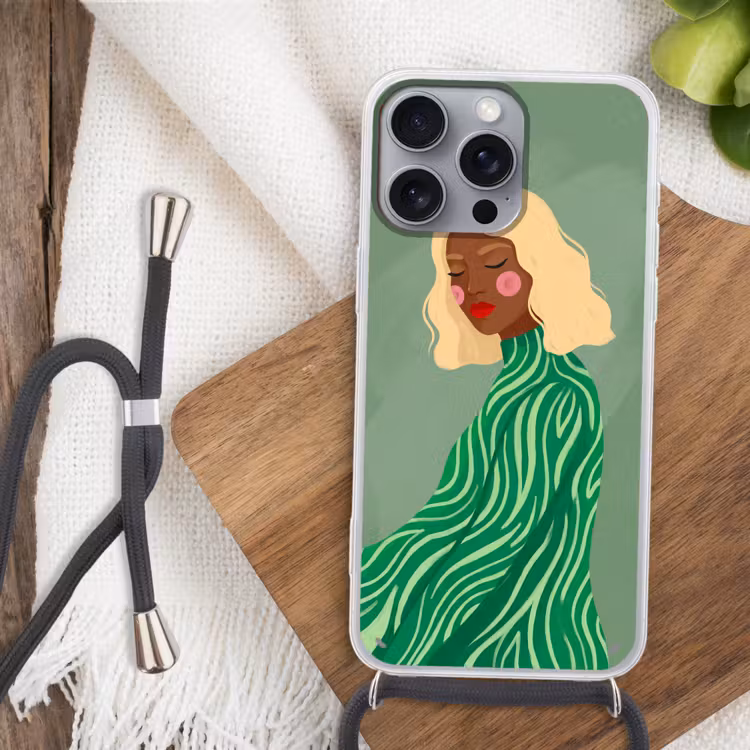 Vrouw - Portret - Illustratie - Modern - Groen Hoesje iPhone 16 Pro Max met koord klein -sfeer4