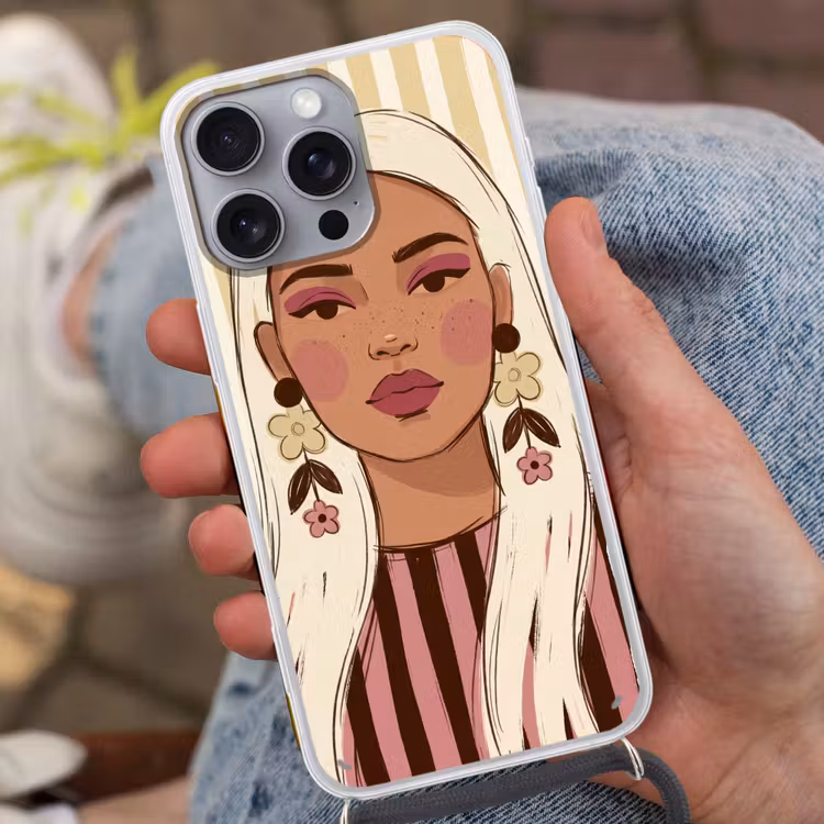 Vrouw - Portret - Illustratie - Modern - Roze Hoesje iPhone 16 Pro Max met koord klein -sfeer3
