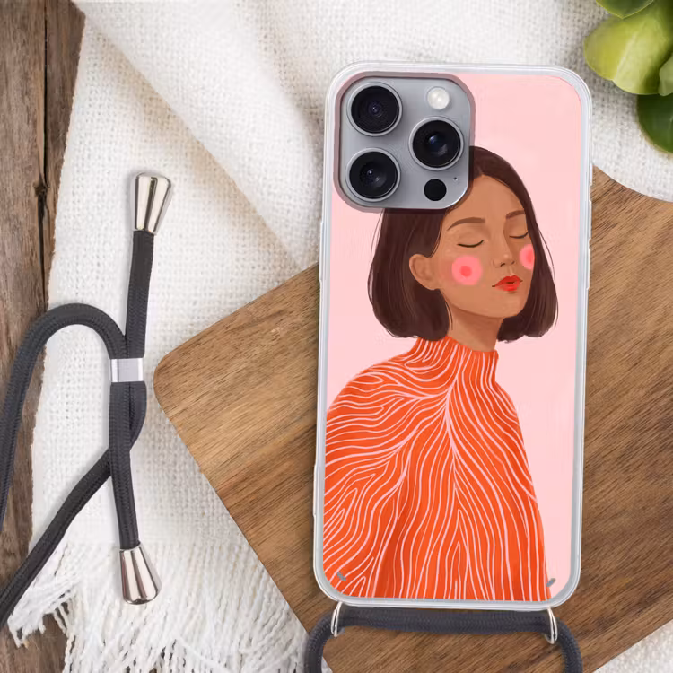 Vrouw - Portret - Modern - Kunst - Roze Hoesje iPhone 16 Pro Max met koord klein -sfeer4