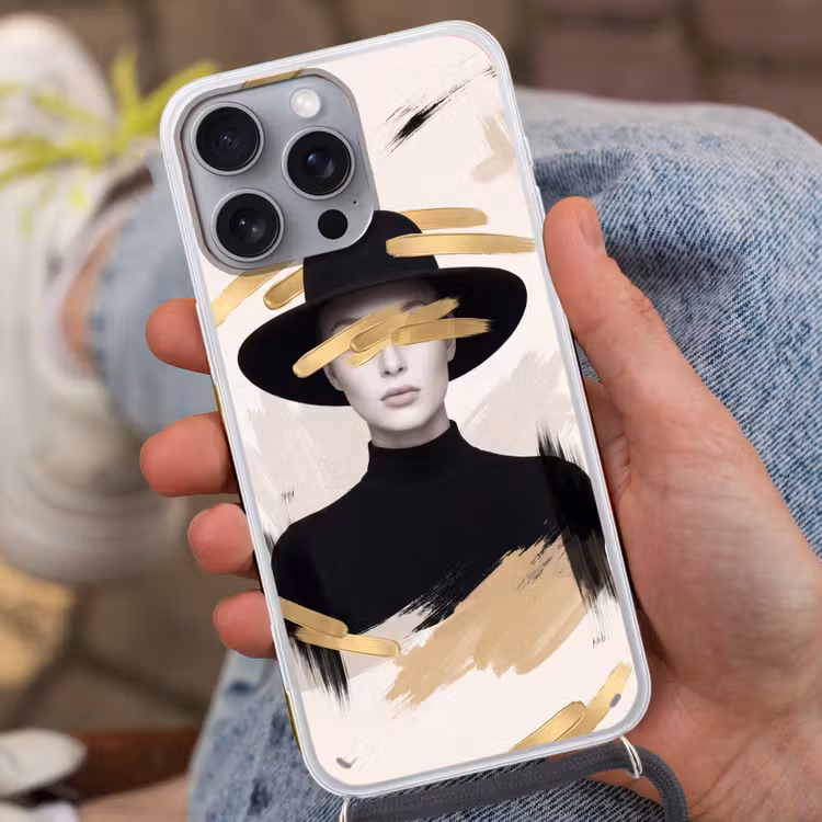 Vrouw - Portret - Modern - Goud - Kunst Hoesje iPhone 16 Pro Max met koord klein -sfeer3