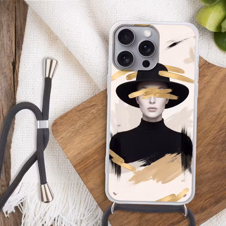 Vrouw - Portret - Modern - Goud - Kunst Hoesje iPhone 16 Pro Max met koord klein -sfeer4