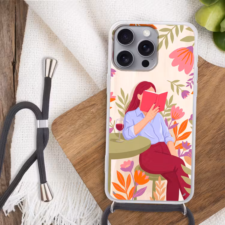 Vrouw - Lezen - Thuis - Modern - Bloemen Hoesje iPhone 16 Pro Max met koord klein -sfeer4
