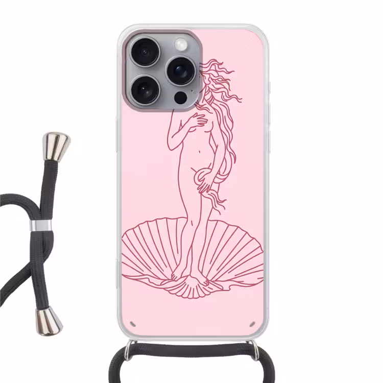 Vrouw - Schelp - Kunst - Lijntekening - Roze Hoesje iPhone 16 Pro Max met koord klein -3d