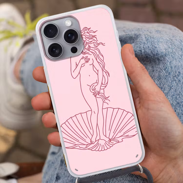Vrouw - Schelp - Kunst - Lijntekening - Roze Hoesje iPhone 16 Pro Max met koord klein -sfeer3