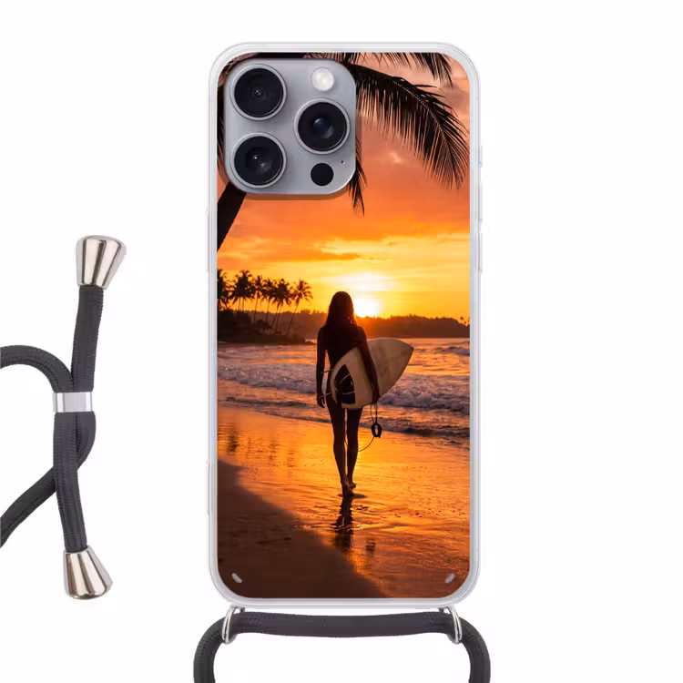 Vrouw - Surfplank - Strand - Zonsondergang - Oranje Hoesje iPhone 16 Pro Max met koord klein -3d