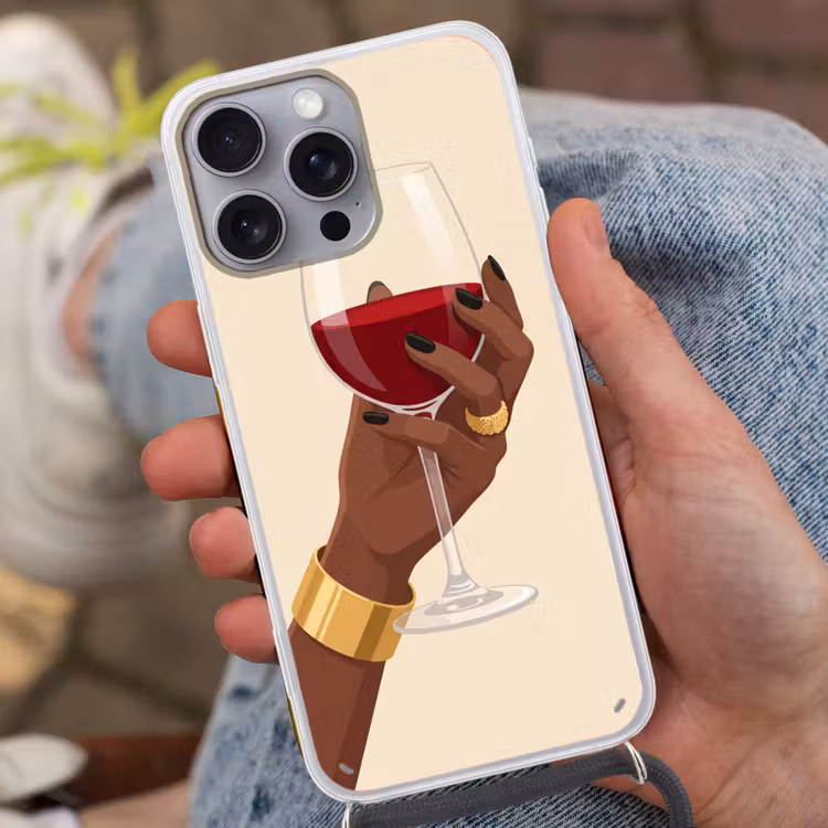 Vrouw - Wijn - Glas - Illustratie - Rood Hoesje iPhone 16 Pro Max met koord klein -sfeer3
