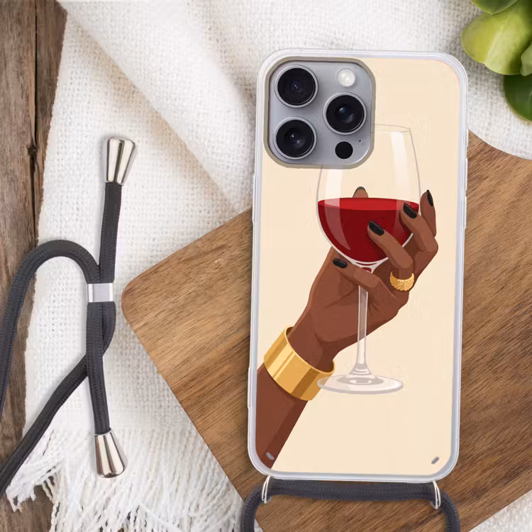 Vrouw - Wijn - Glas - Illustratie - Rood Hoesje iPhone 16 Pro Max met koord klein -sfeer4