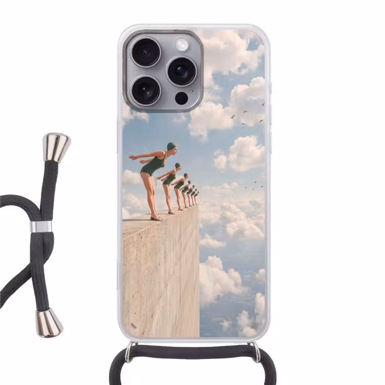 Phone case crossbody - Women - Diving Pose - Clouds - Vrouwen - Duikhouding - Wolken Hoesje iPhone 16 Pro Max met koord klein