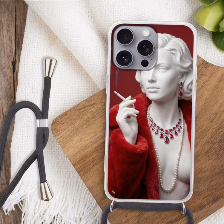 Vrouw - Bontjas - Mode - Klassiek - Rood Hoesje iPhone 16 Pro Max met koord klein -sfeer4