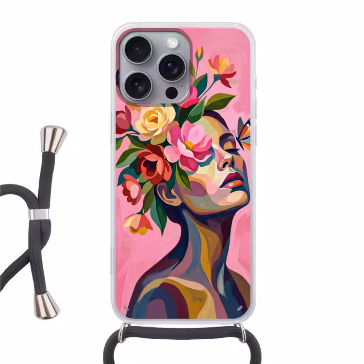 Vrouwengezicht - Vlinders - Kleurrijk Hoesje iPhone 16 Pro Max met koord klein -3d