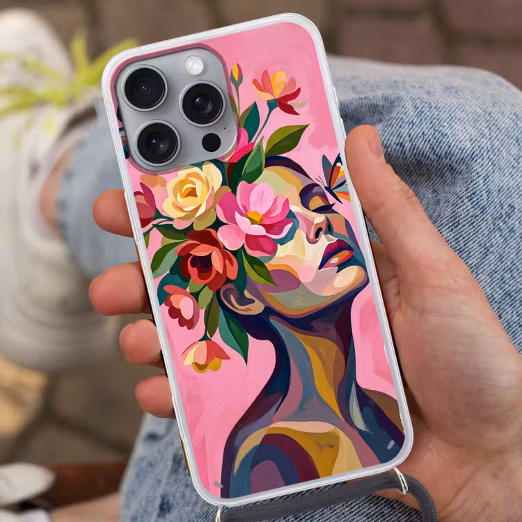 Vrouwengezicht - Vlinders - Kleurrijk Hoesje iPhone 16 Pro Max met koord klein -sfeer3