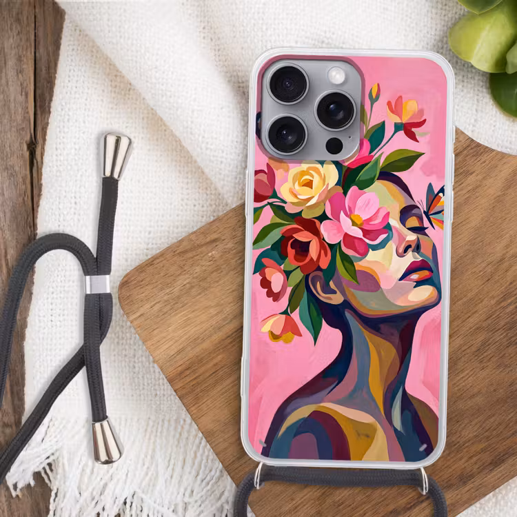 Vrouwengezicht - Vlinders - Kleurrijk Hoesje iPhone 16 Pro Max met koord klein -sfeer4