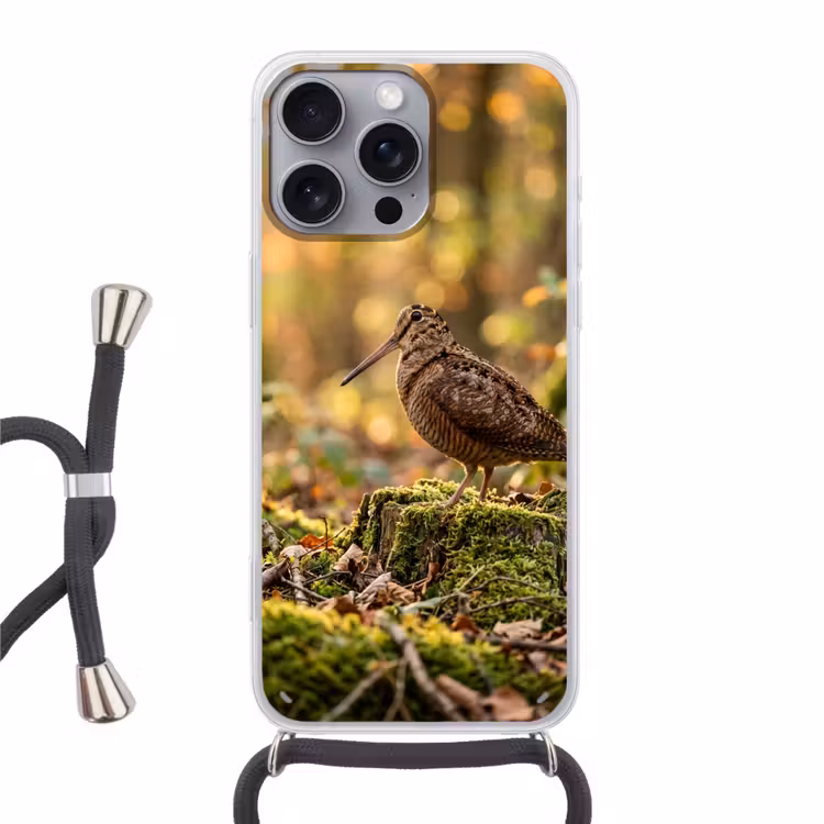 Houtsnip - Bos - Bladeren - Herfst - Gecamoufleerd Hoesje iPhone 16 Pro Max met koord klein -3d