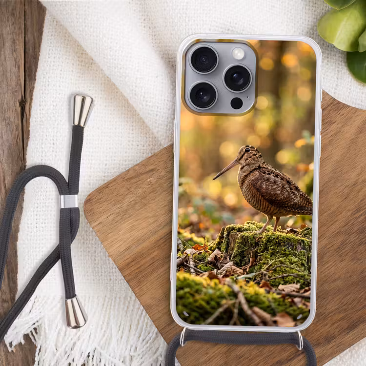 Houtsnip - Bos - Bladeren - Herfst - Gecamoufleerd Hoesje iPhone 16 Pro Max met koord klein -sfeer4
