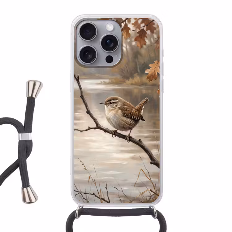 Winterkoninkje - Tak - Rivier - Natuur - Sfeervol Hoesje iPhone 16 Pro Max met koord klein -3d