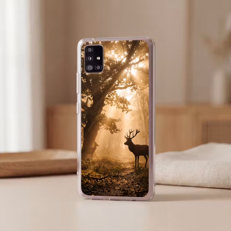 Hert - Bos - Mistig - Natuur - Goud Telefoonhoesje Samsung Galaxy A51 5G klein -sfeer2