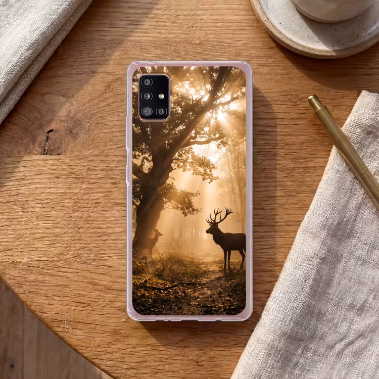 Hert - Bos - Mistig - Natuur - Goud Telefoonhoesje Samsung Galaxy A51 5G klein -sfeer1